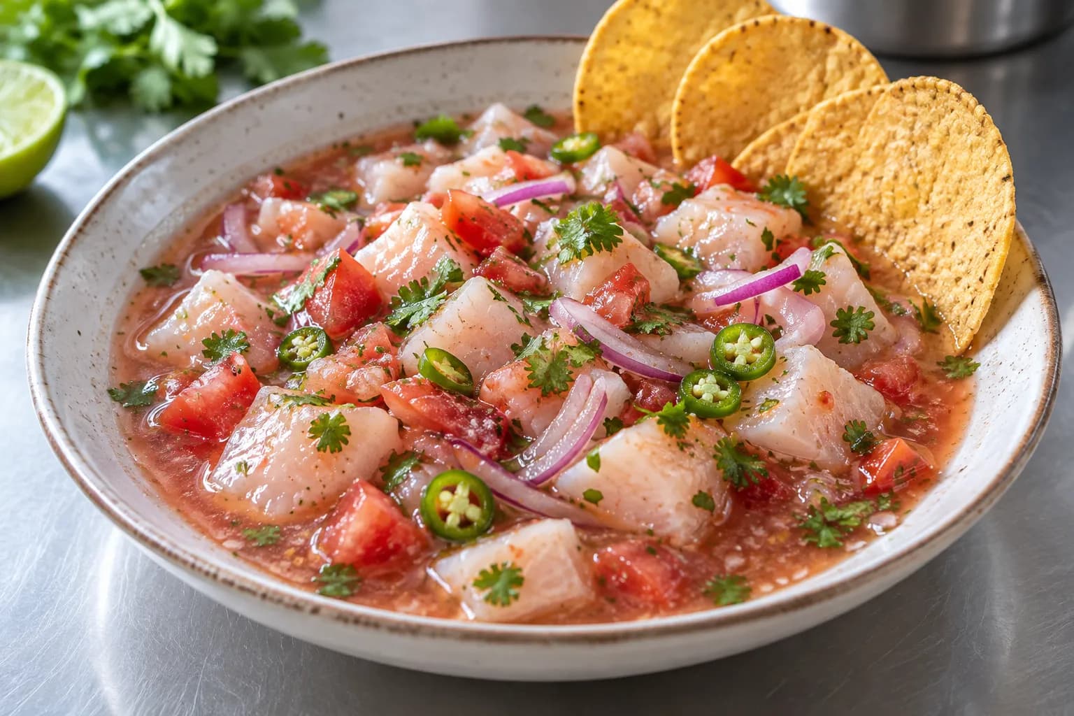 A shallow bowl of diced white fish cured in citrus with red onion, coriander and green chilli, marinade pooled at the bottom