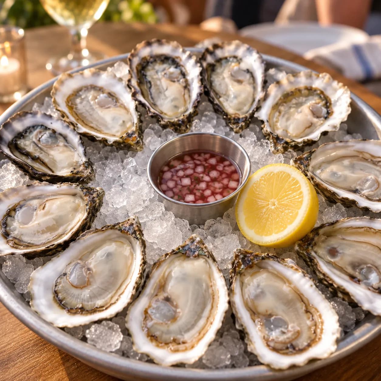 Oysters on a bed of ice under warm light with a small dish of mignonette and a lemon half