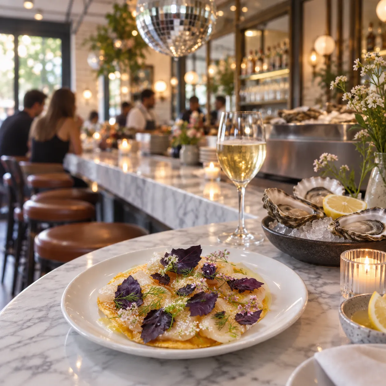A compact modern oyster bar with a marble counter, bar stools and a mirrored ball above