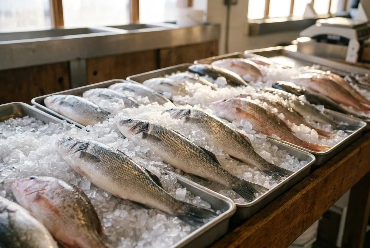 Fresh whole fish displayed on ice at a Los Angeles harbor market