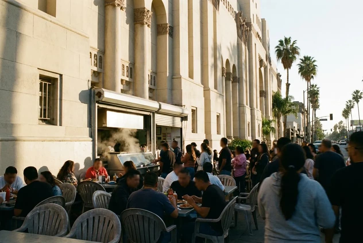 Customers at an outdoor mariscos counter in Los Angeles