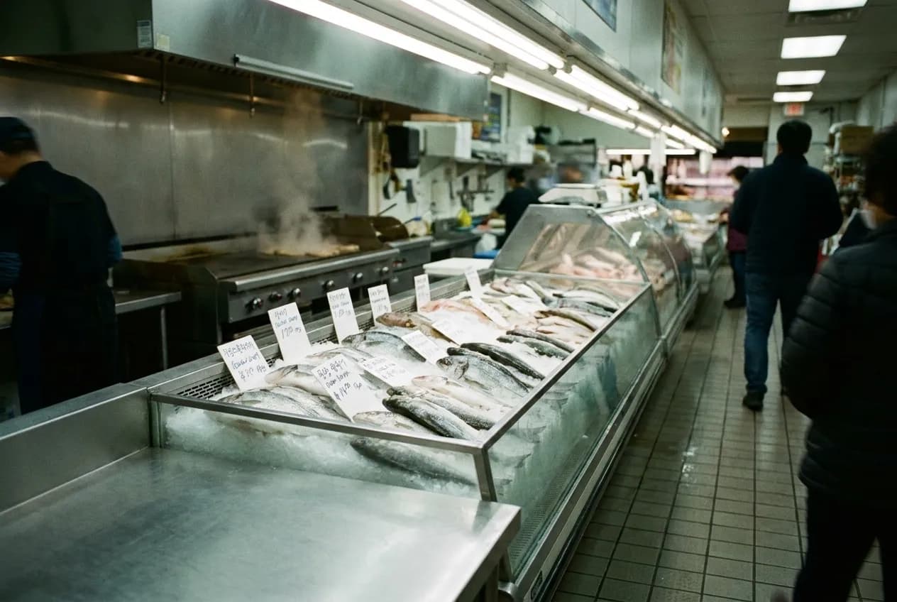 Refrigerated fish counter with grill behind it at Los Angeles market