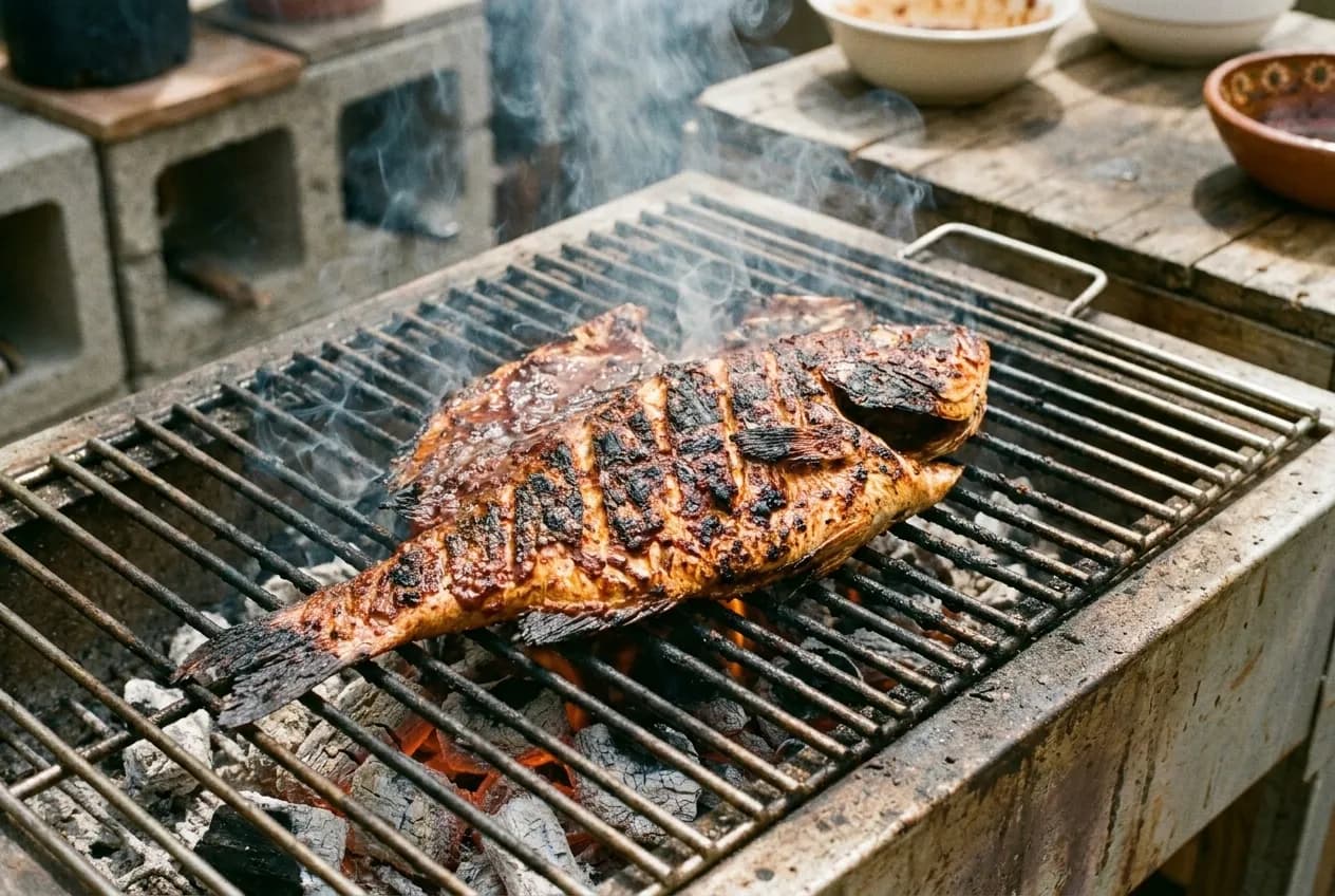 Butterflied whole fish grilling over charcoal with chile marinade
