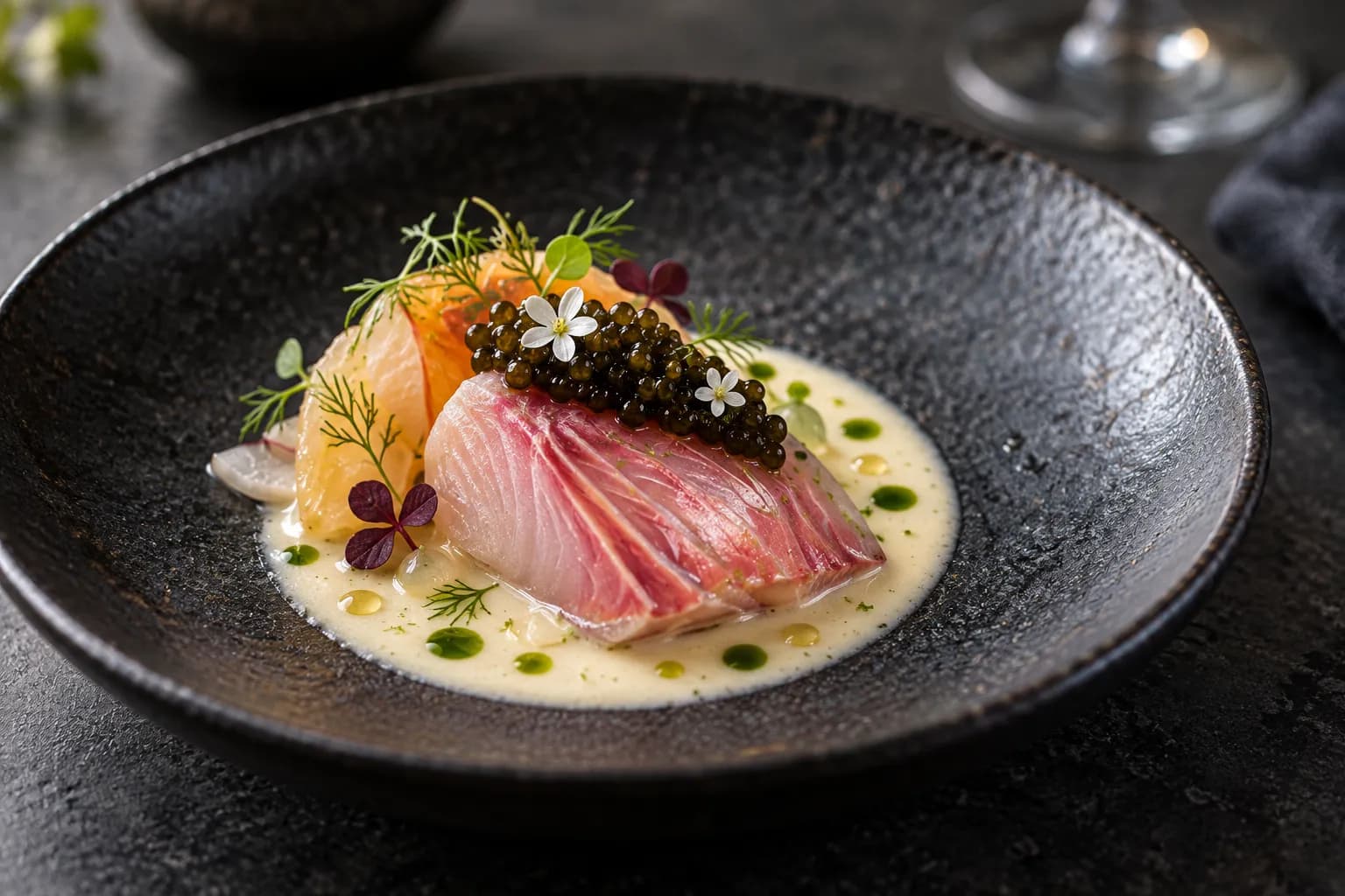 A single composed seafood course with caviar and a delicate sauce on a dark ceramic plate
