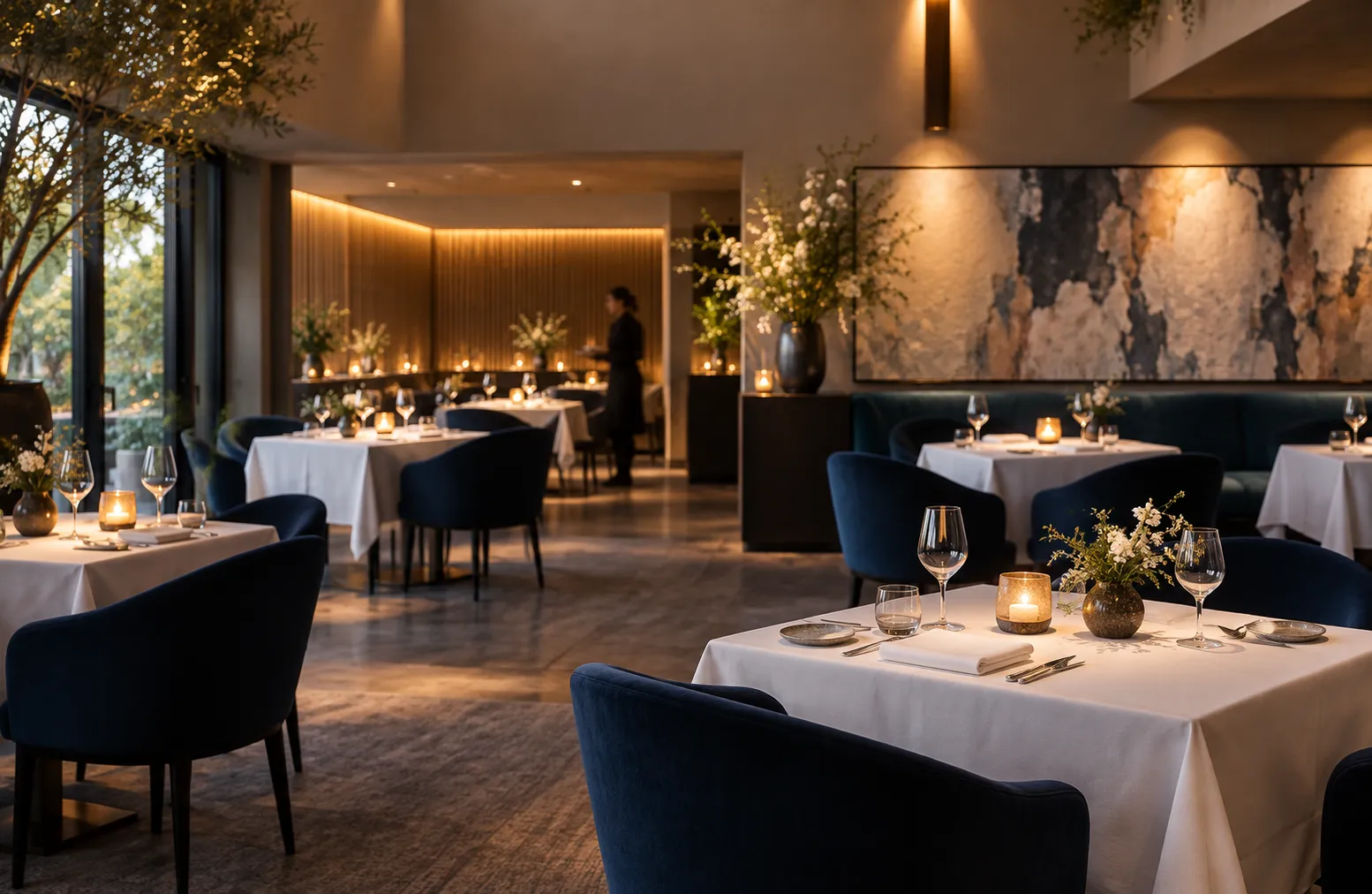 An elegant contemporary fine dining room with widely spaced tables and soft directional lighting