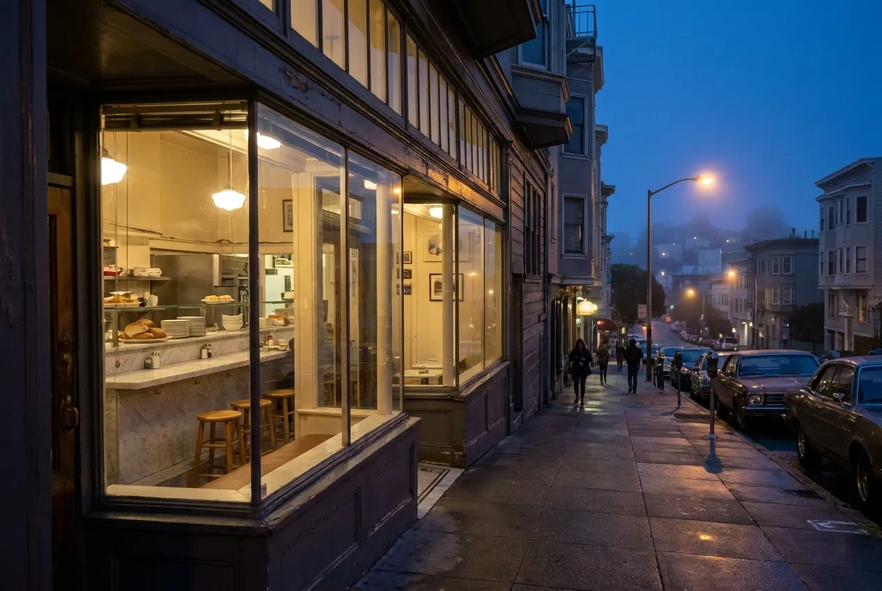 Night view of a vintage seafood counter storefront with warm light glowing through windows onto a San Francisco sidewalk.