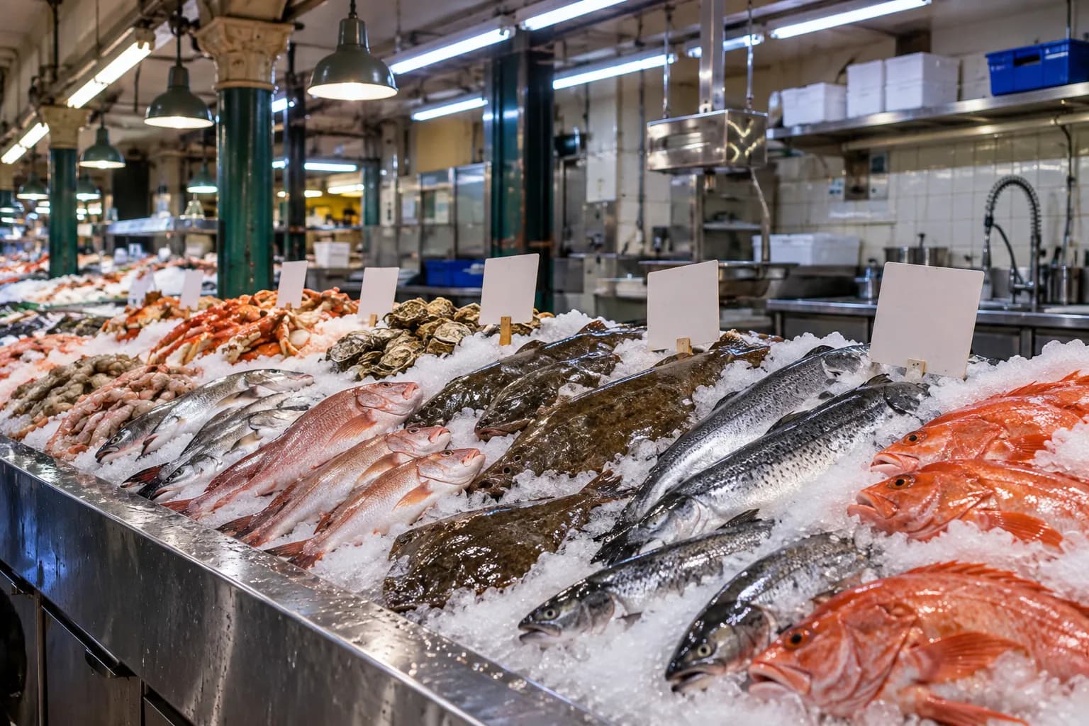 A fish market counter with whole fish of several species laid on crushed ice, wet stainless surfaces under hard overhead strip lighting