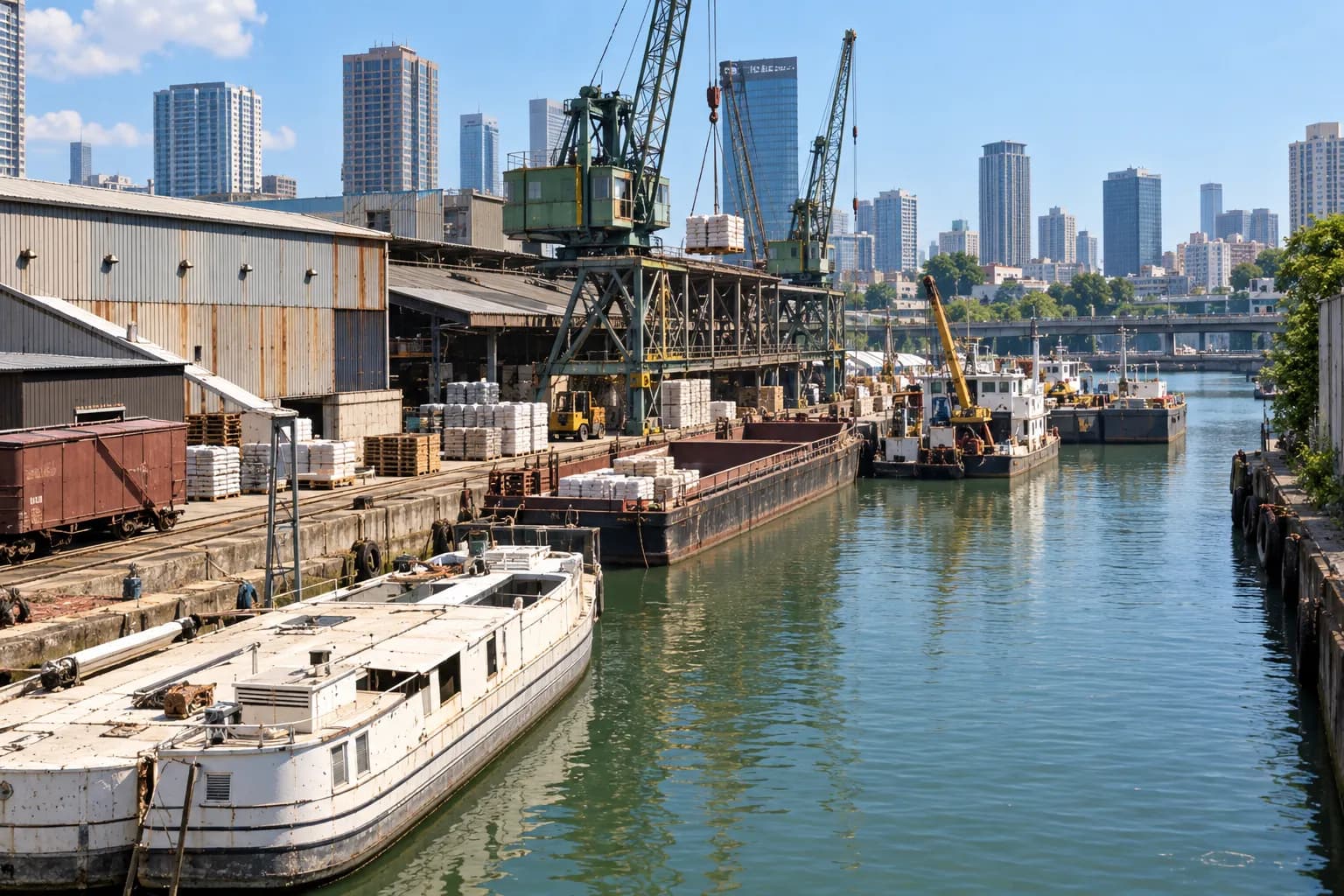 A working urban river at midday with a small freighter being loaded, cranes and pallets on the dock and city towers rising behind