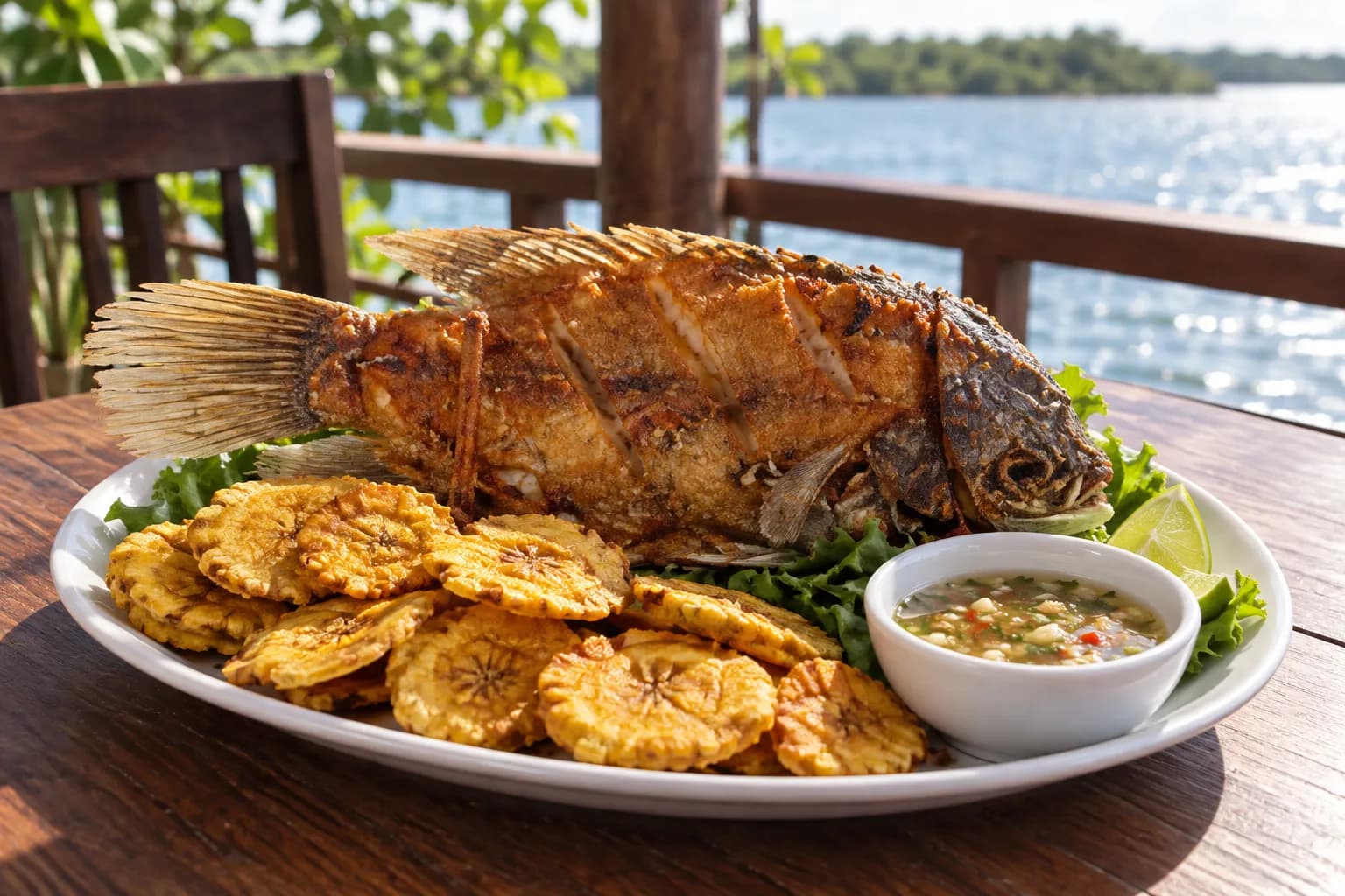 A whole fried fish with scored blistered golden skin on an oval platter with twice-fried plantain discs and a bowl of garlic citrus sauce