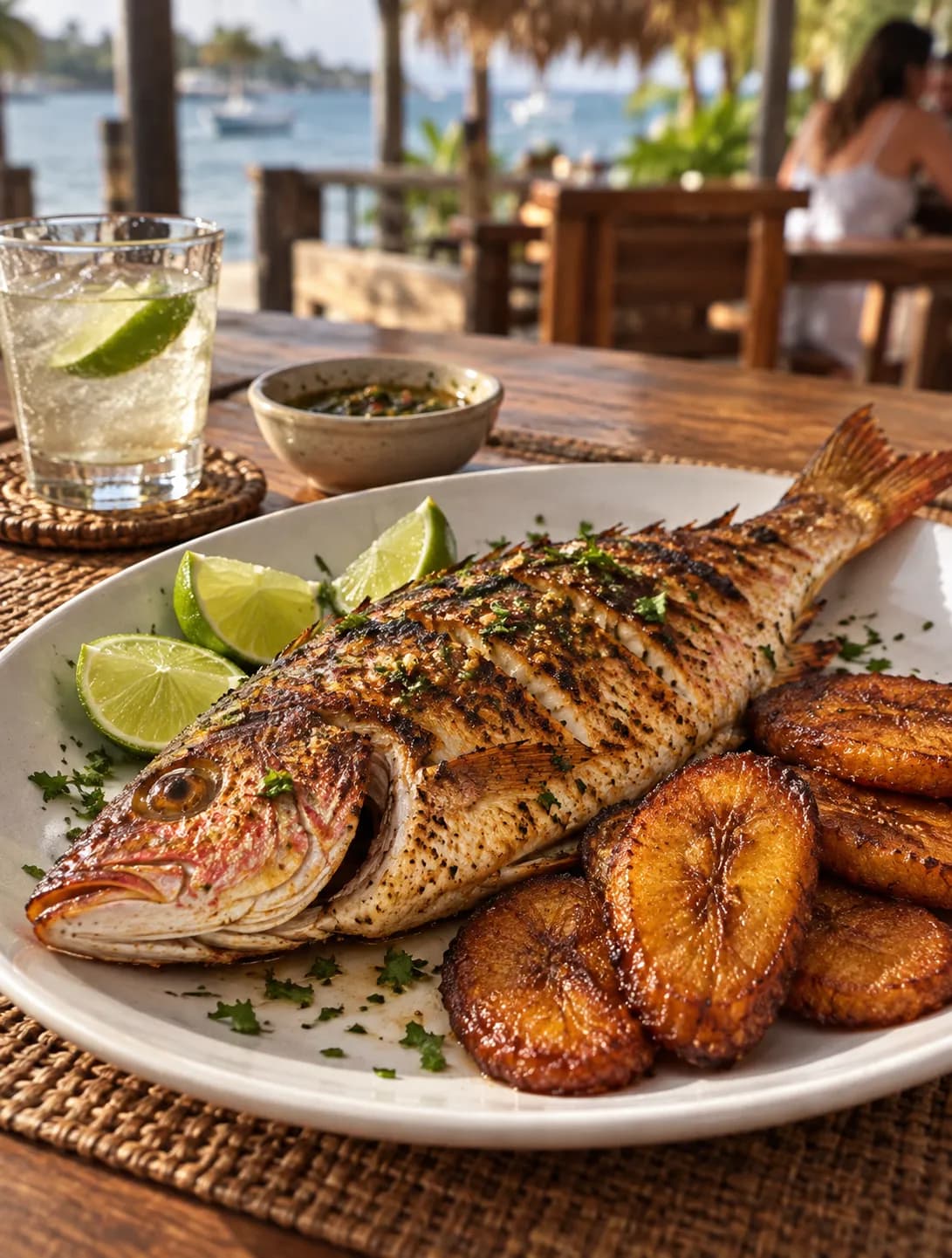 A whole grilled yellowtail snapper on a plate with lime wedges and a side of plantains