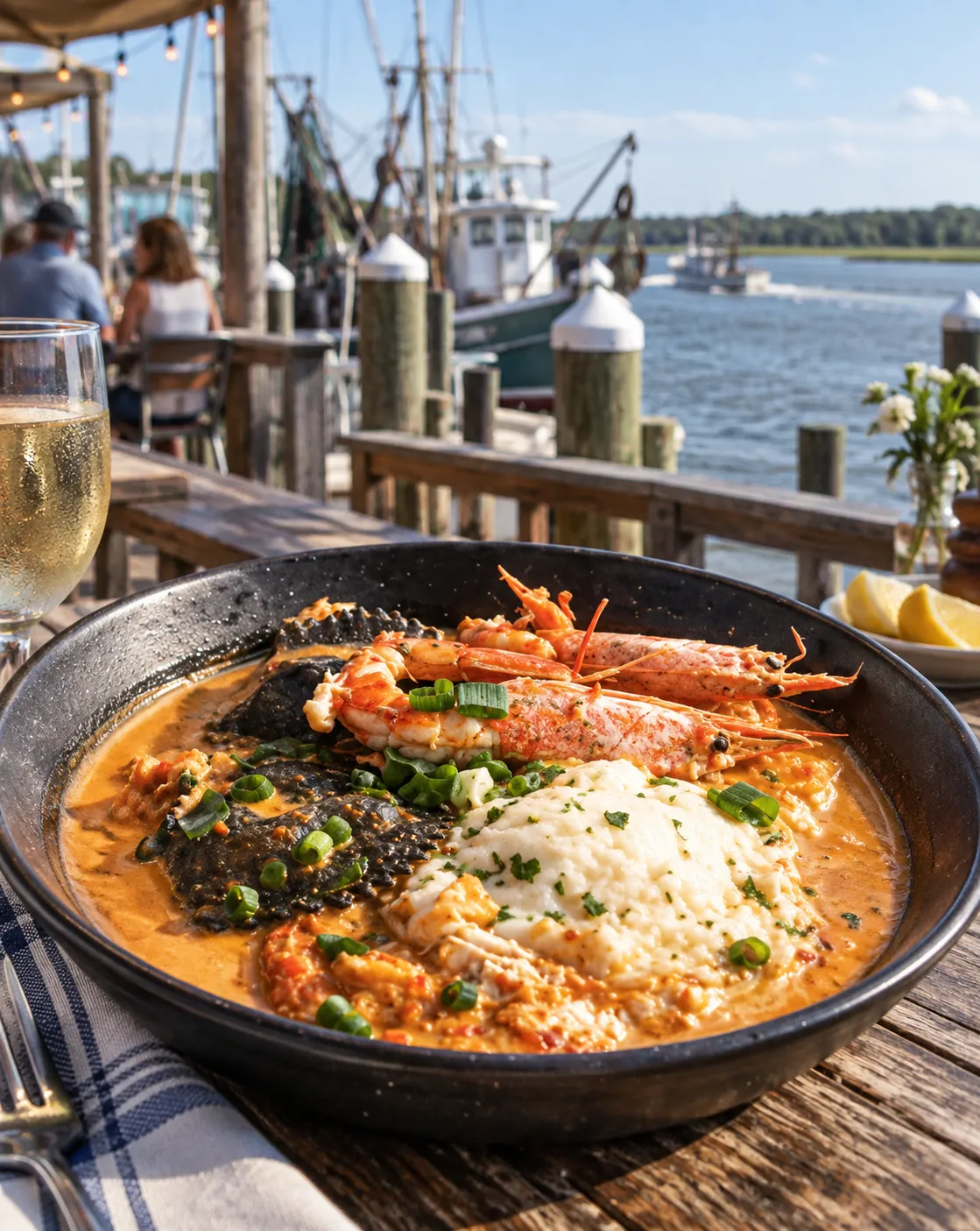 A dockside seafood restaurant deck on a working river with boats moored alongside and open water beyond