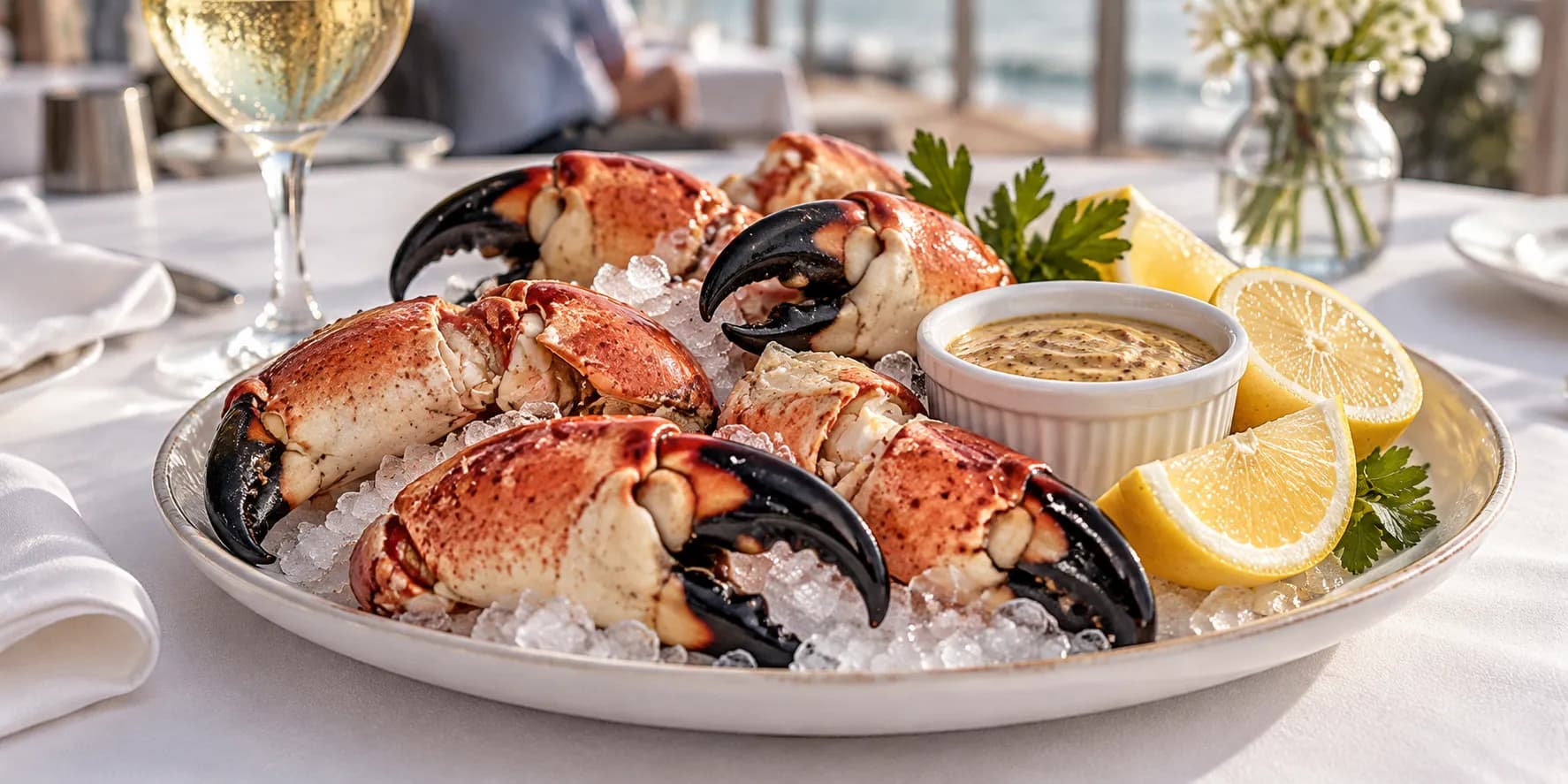 A plate of chilled stone crab claws with a ramekin of mustard sauce and lemon on white linen