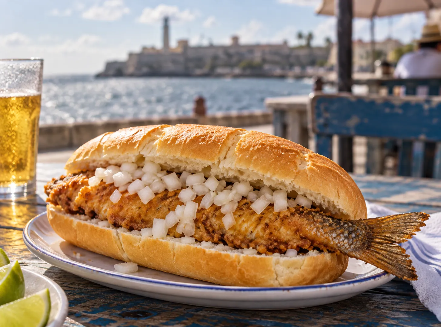 A fried fish sandwich on soft Cuban bread topped with chopped onion, with the fish tail protruding from the roll