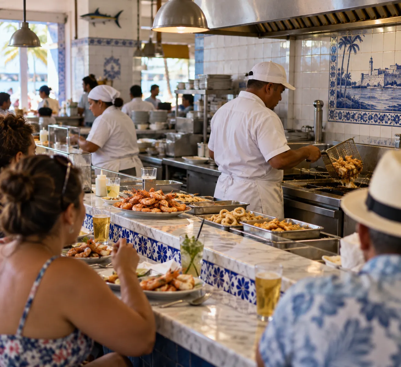 A busy Cuban seafood counter with a standing bar, tiled walls and a fryer behind the service window