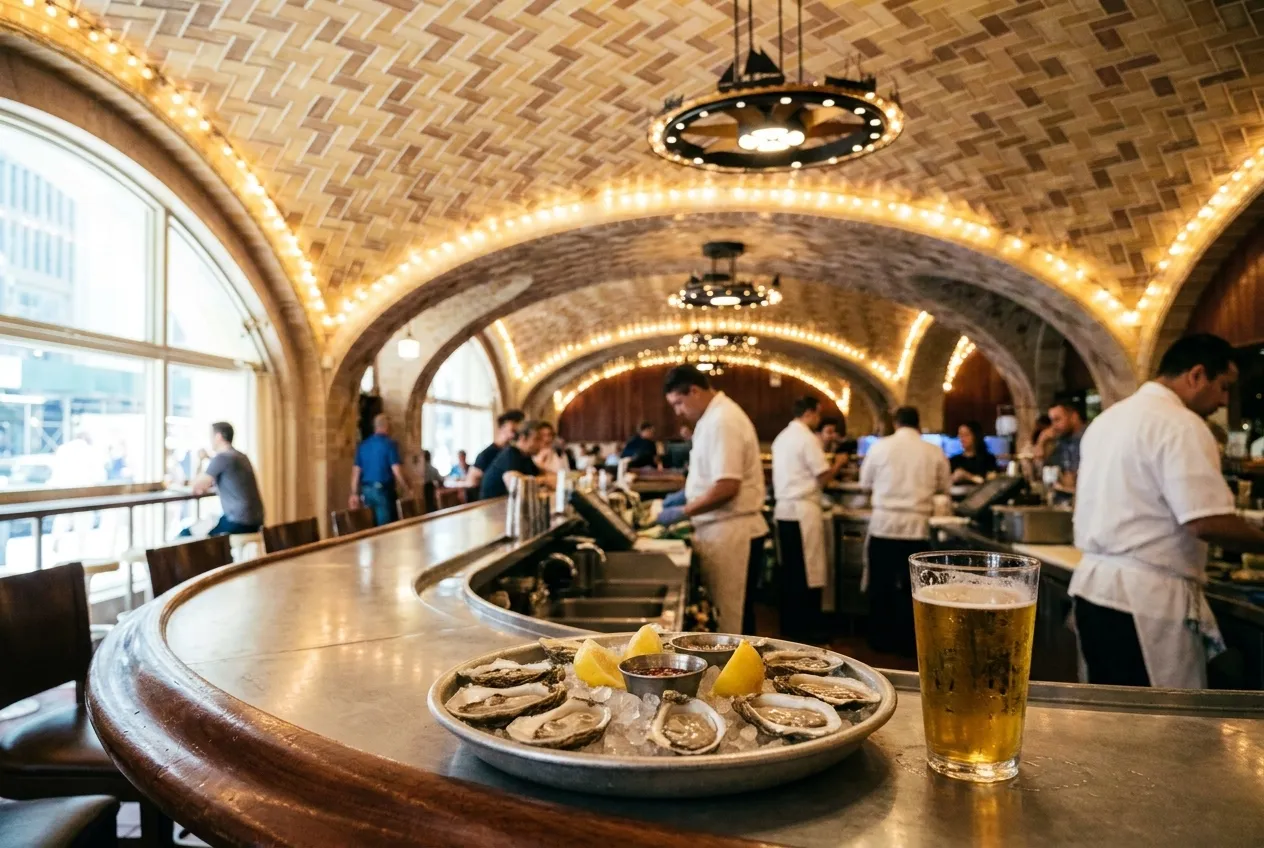 The vaulted tiled ceiling of a Grand Central oyster house above a curved counter, a tray of oysters on ice in the foreground under warm bulb light