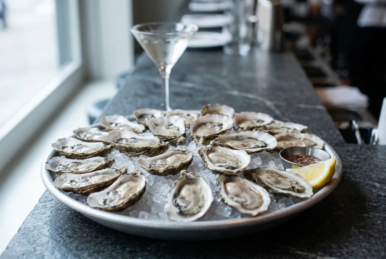A metal tray of a dozen raw oysters on crushed ice with lemon and mignonette on a dark stone counter, a martini glass behind in soft focus