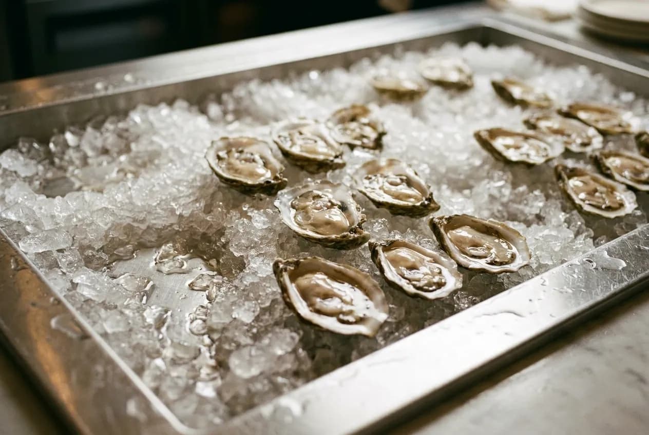 Fresh raw oysters on crushed ice at a New York City raw bar counter