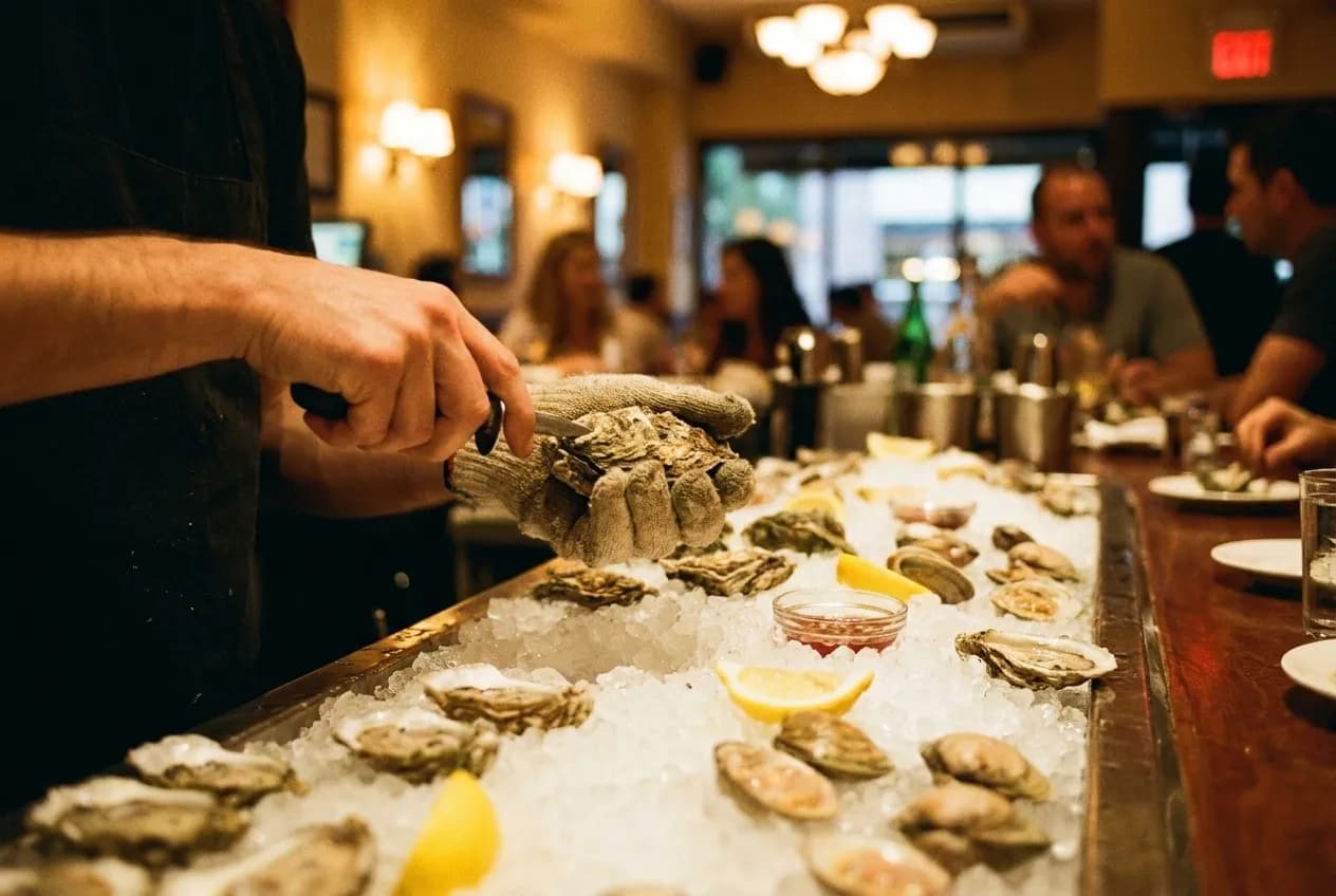 Raw bar counter with shucker at work in a New York City seafood restaurant