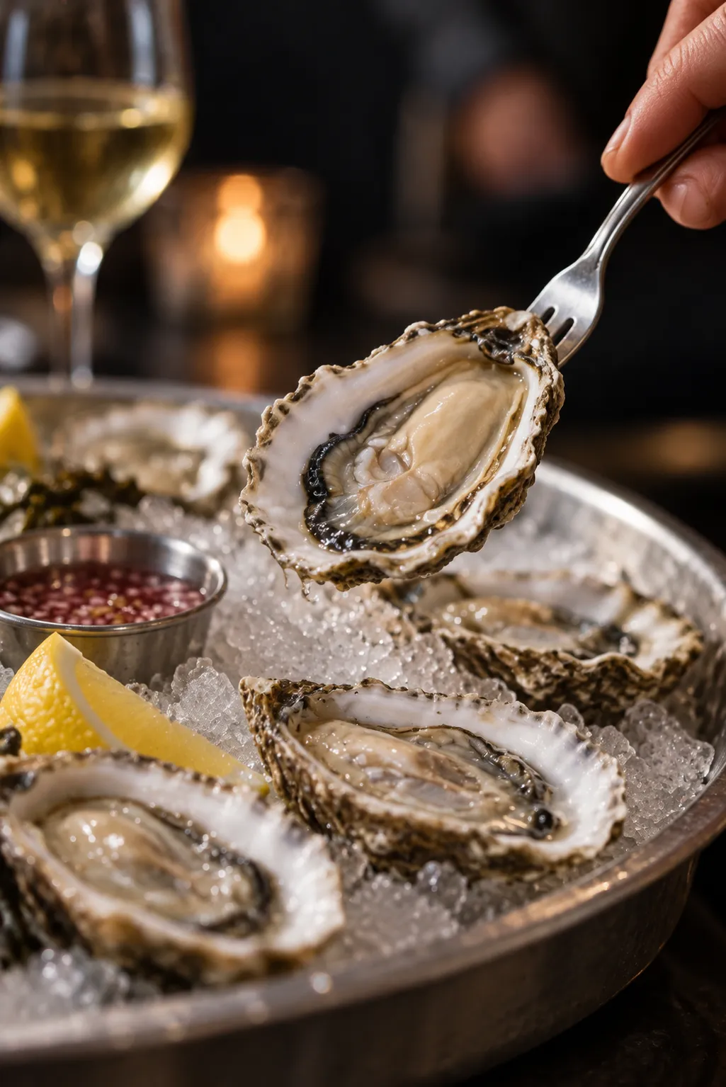 An open oyster on ice being lifted from a tray with a small fork against a dark background