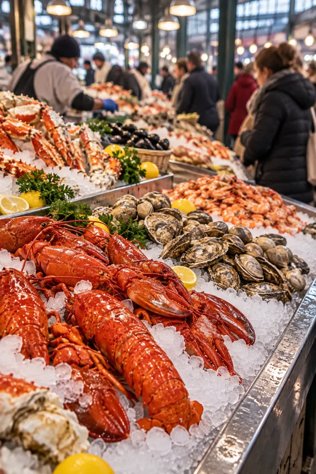 A busy indoor market seafood counter with iced displays of shellfish and a crowd of shoppers