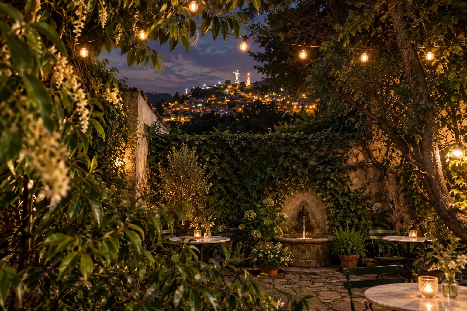 A small walled back garden at dusk with ivy climbing every surface, a stone fountain, marble café tables and strung bulbs coming on
