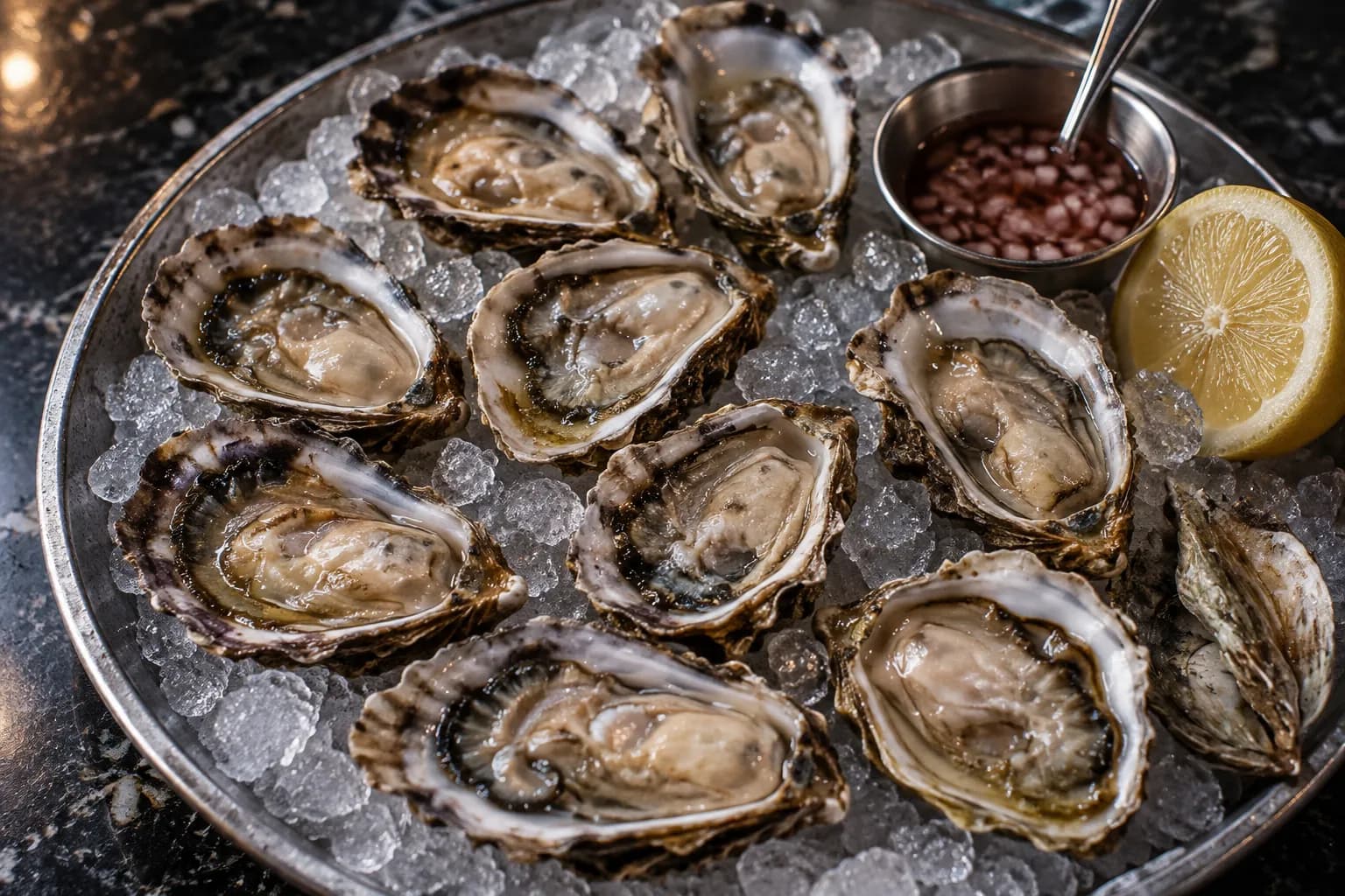 A round metal tray of freshly shucked oysters on crushed ice, varied in shell shape, with shallot vinegar and a lemon half on dark marble