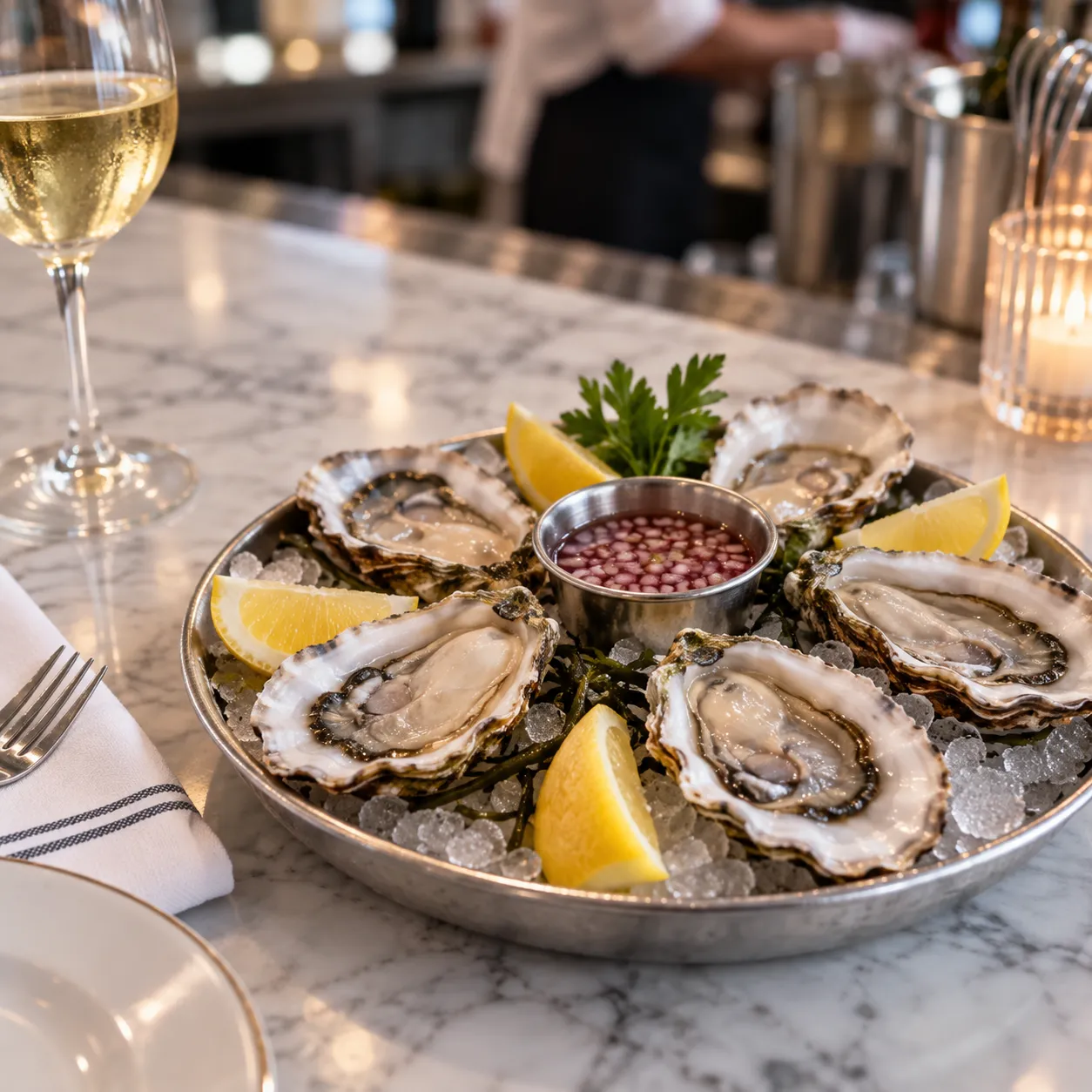 A tray of oysters on crushed ice with lemon wedges and mignonette on a marble bar top