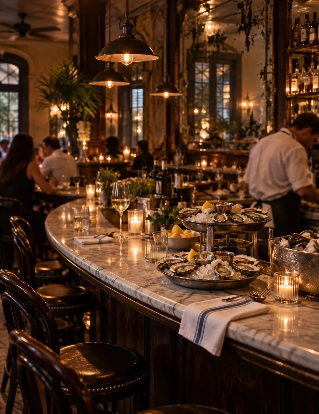 A dim New Orleans-style oyster bar with a horseshoe marble counter, antique mirrors and low pendant lights