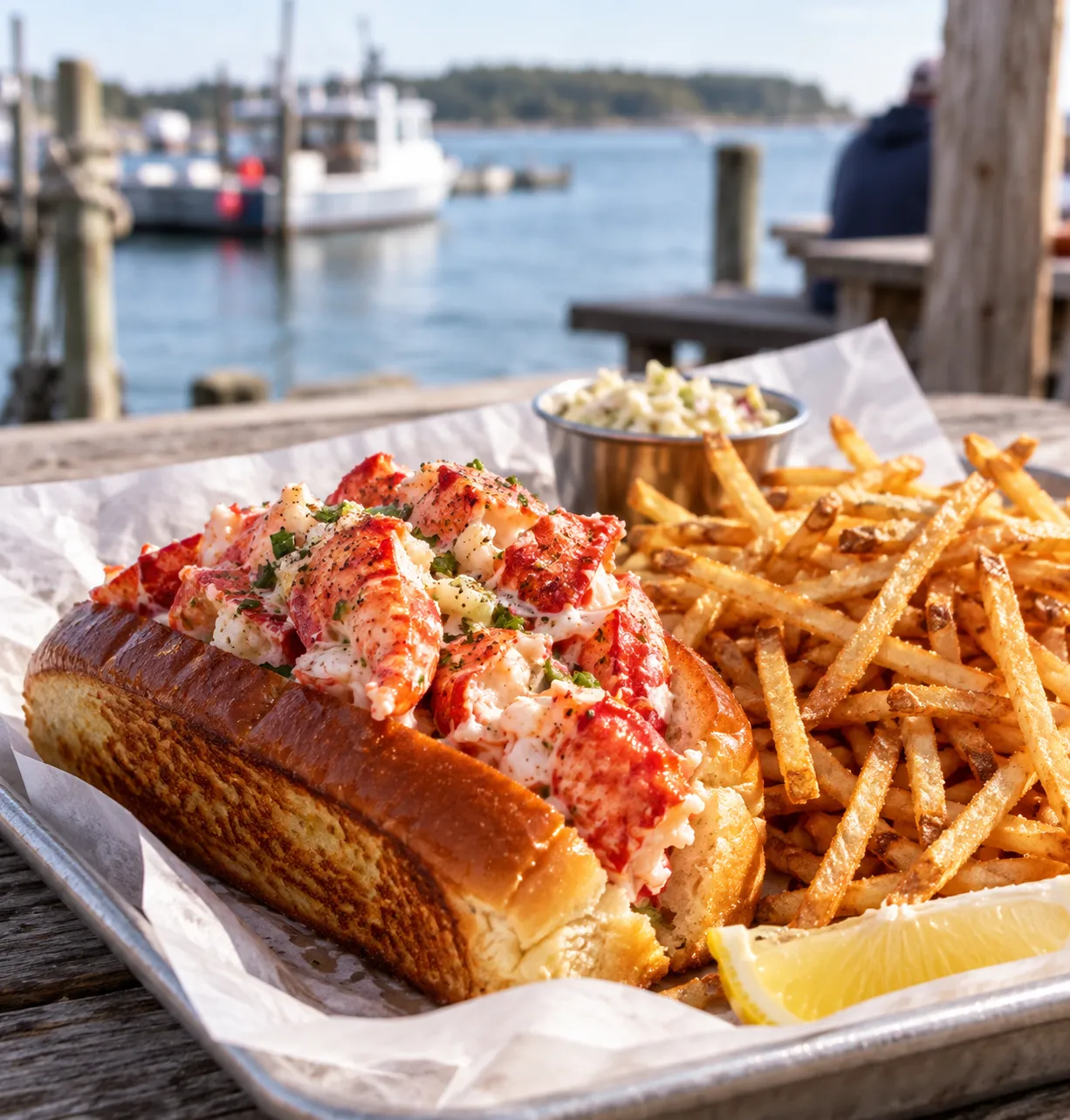 A lobster roll on a toasted split-top bun with a pile of shoestring fries on a paper-lined tray