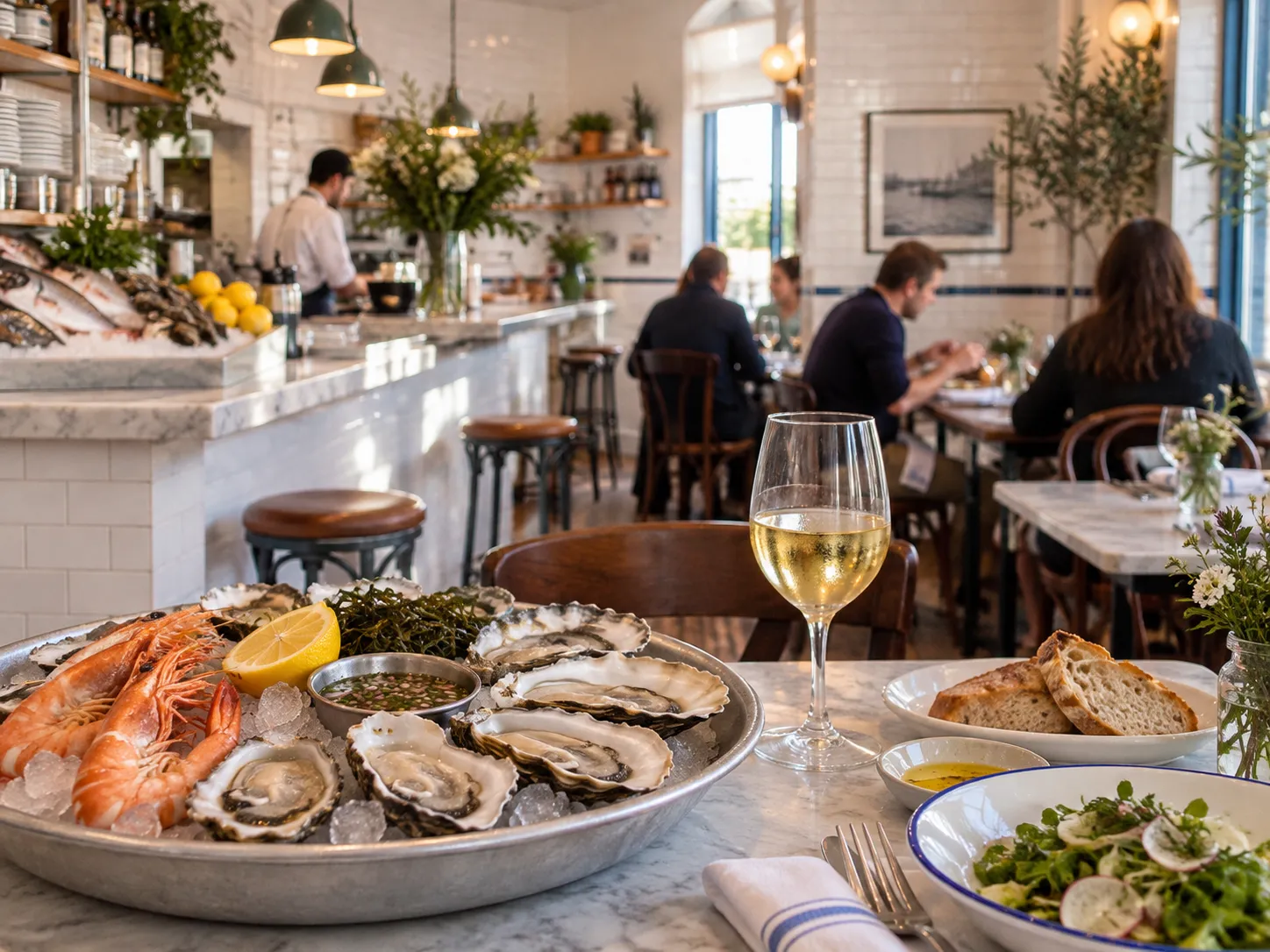 A small bright white-tiled seafood restaurant with a short counter and a handful of tables