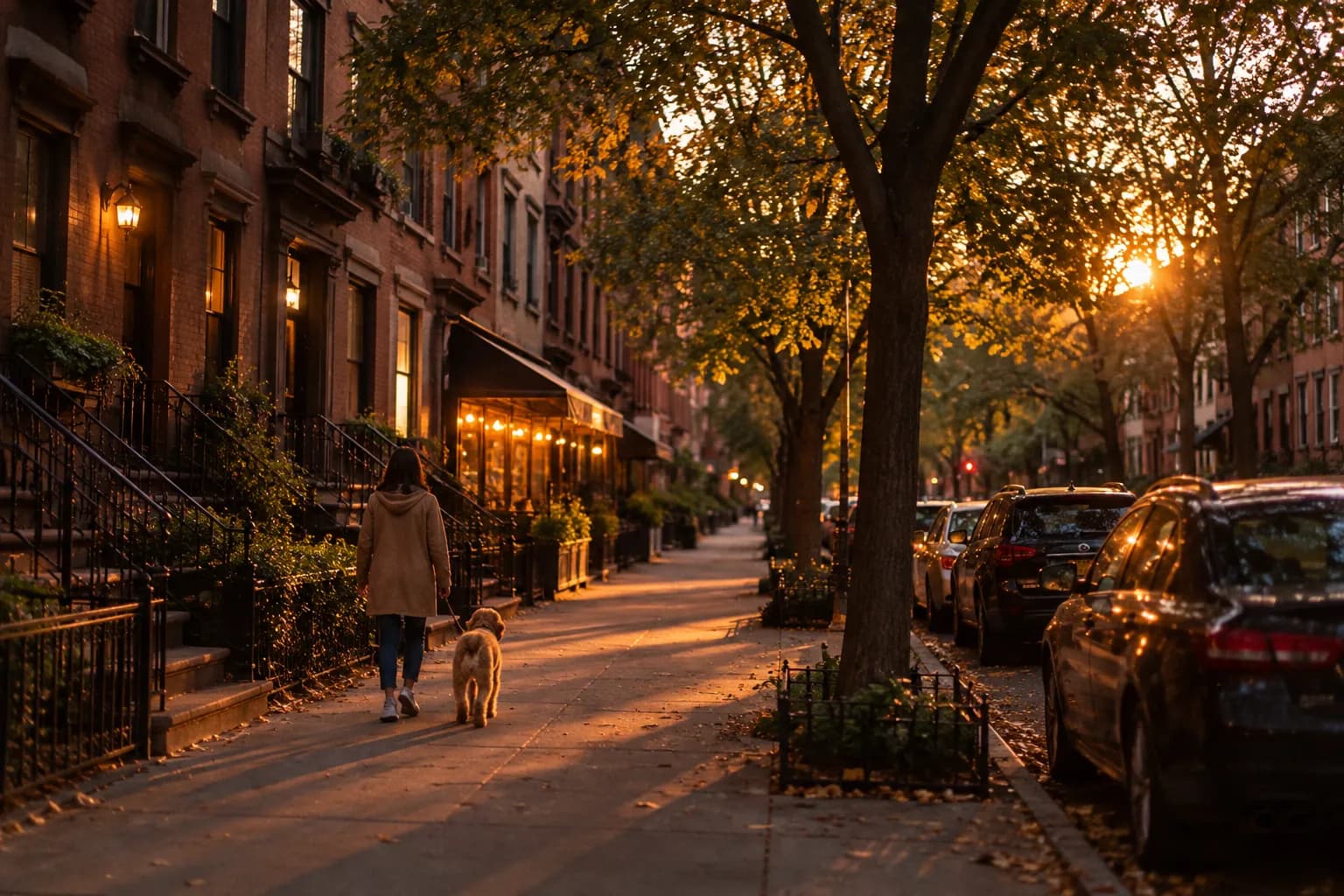 A quiet tree-lined New York residential street in early evening with stoops, a single lit restaurant awning and one person walking away