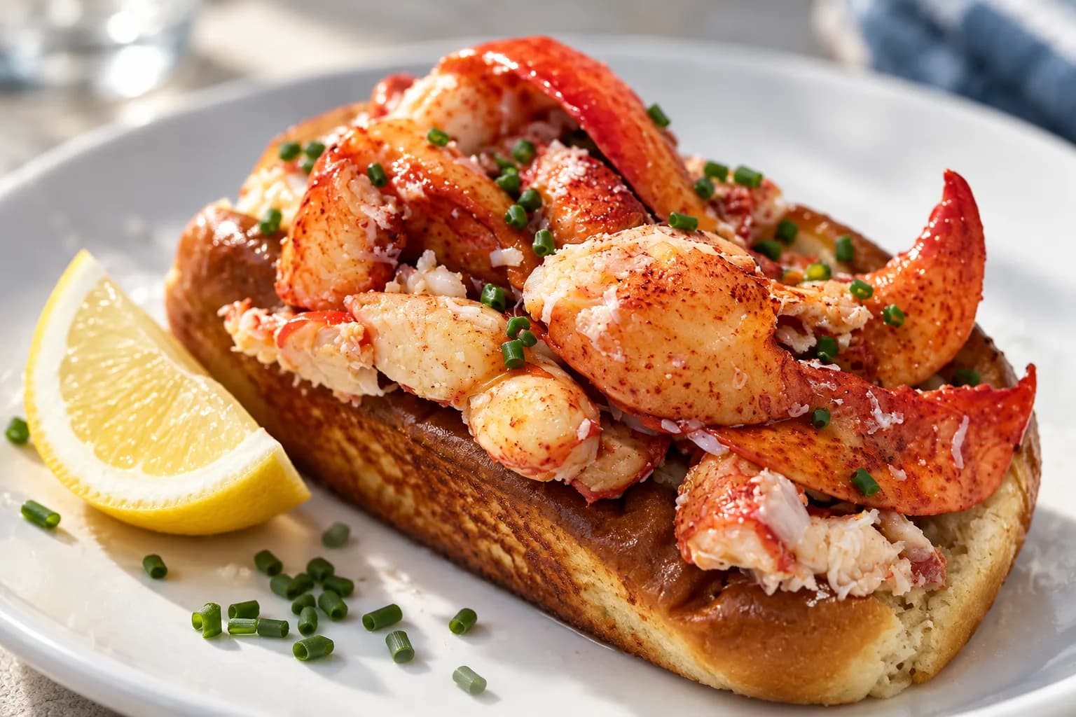 A split-top bun griddled dark gold on its flat sides, overfilled with large pieces of buttery lobster meat, lemon and chives beside it