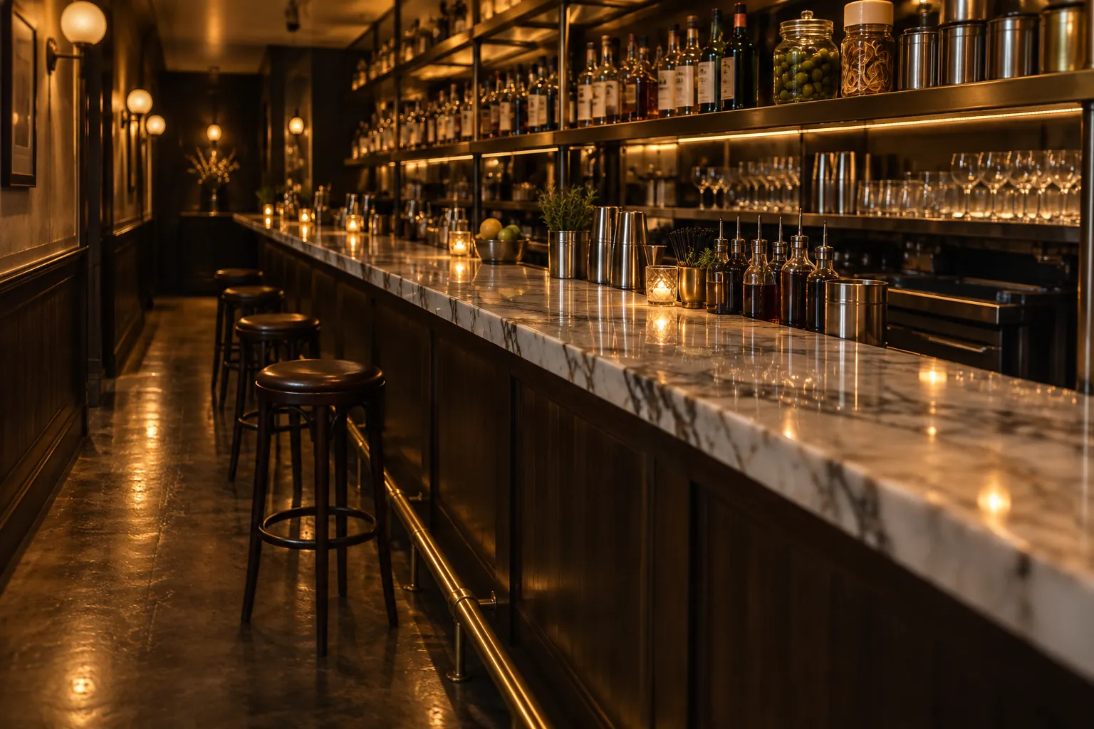 A narrow standing bar before service, a marble counter with brass foot rail running its length and shelves of tins and bottles above