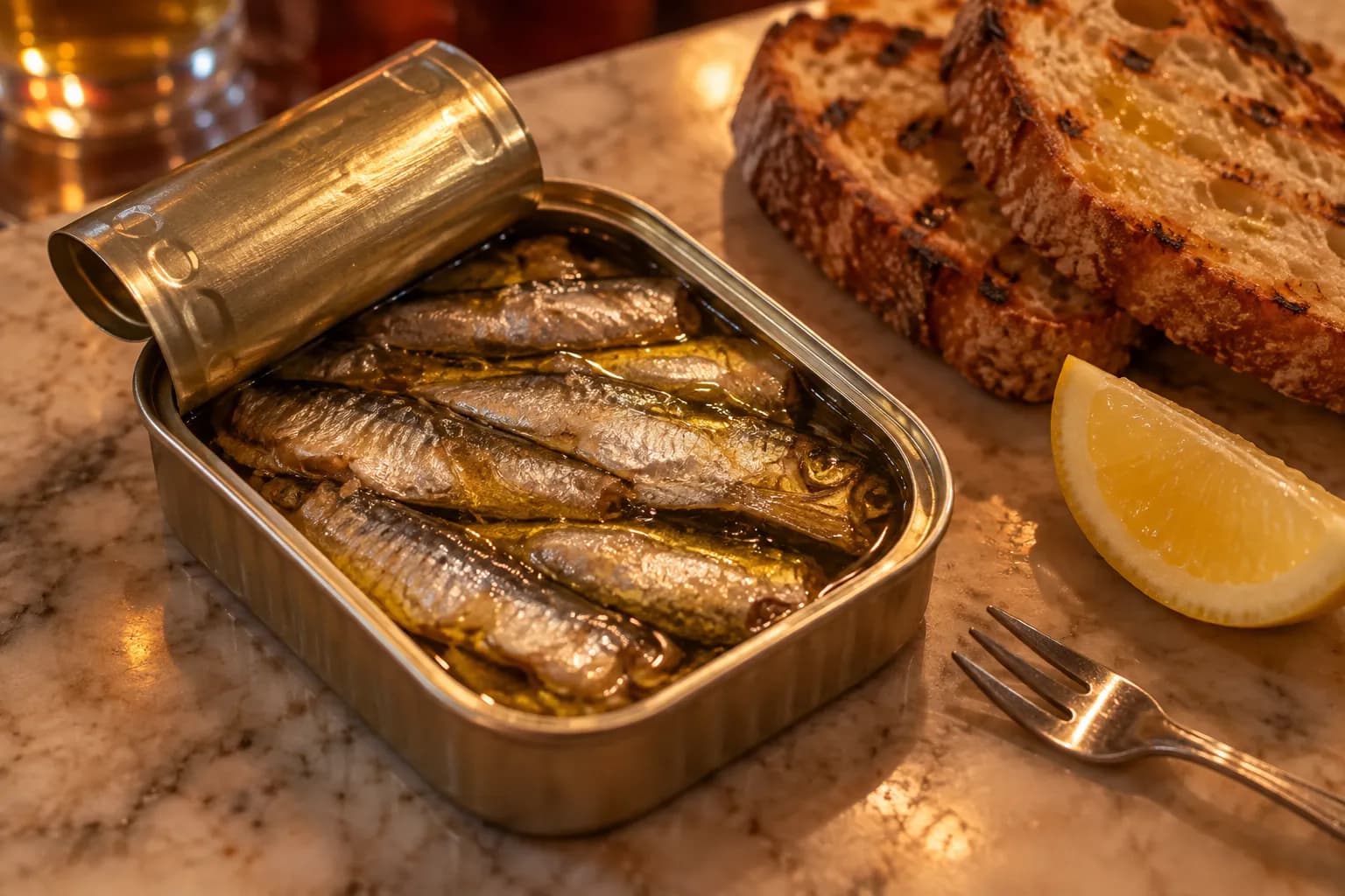 An opened tin of small silver fish packed in golden olive oil with the lid rolled back, beside grilled bread and a lemon wedge on marble