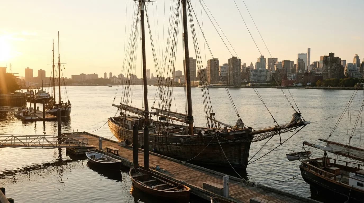 A large wooden sailing schooner moored at a city pier in low golden afternoon light with a skyline in the distance