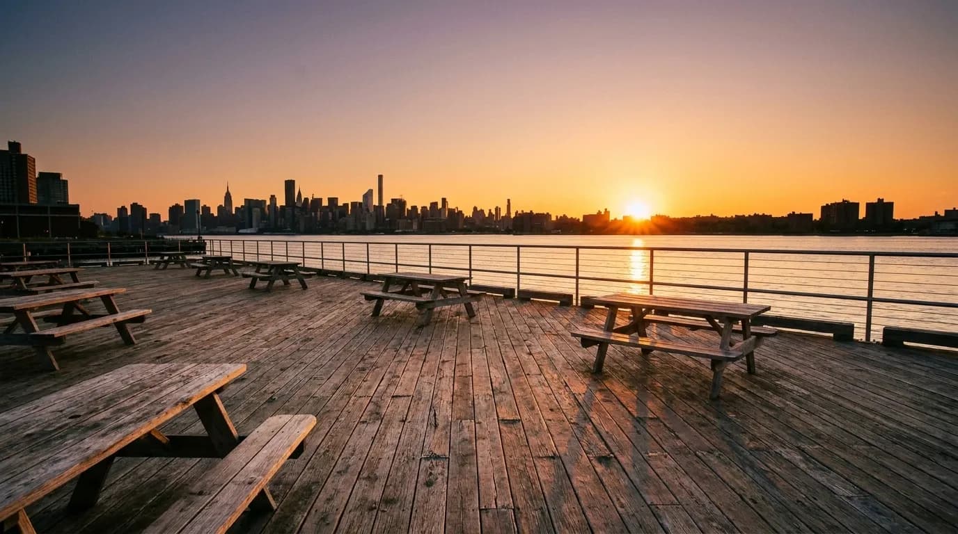 A wooden pier deck with picnic tables and railings looking out over a river at sunset with a city skyline beyond