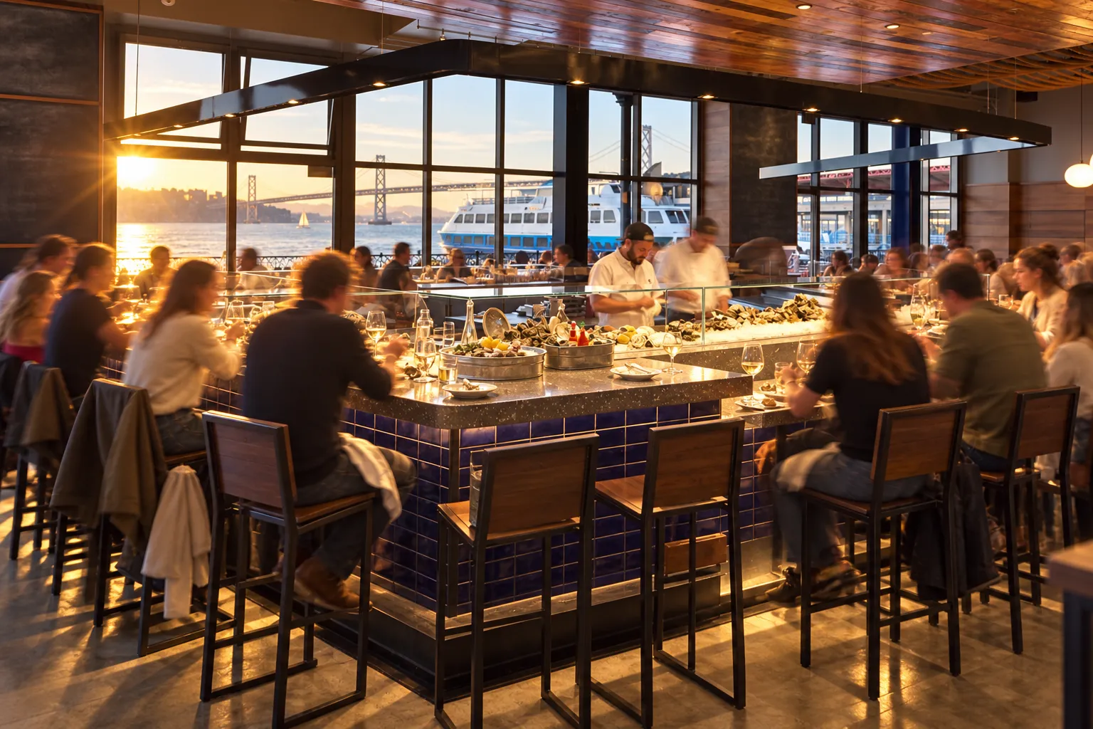 A cobalt-tiled U-shaped oyster bar full of diners with late afternoon sun coming through windows onto the bay and the Bay Bridge