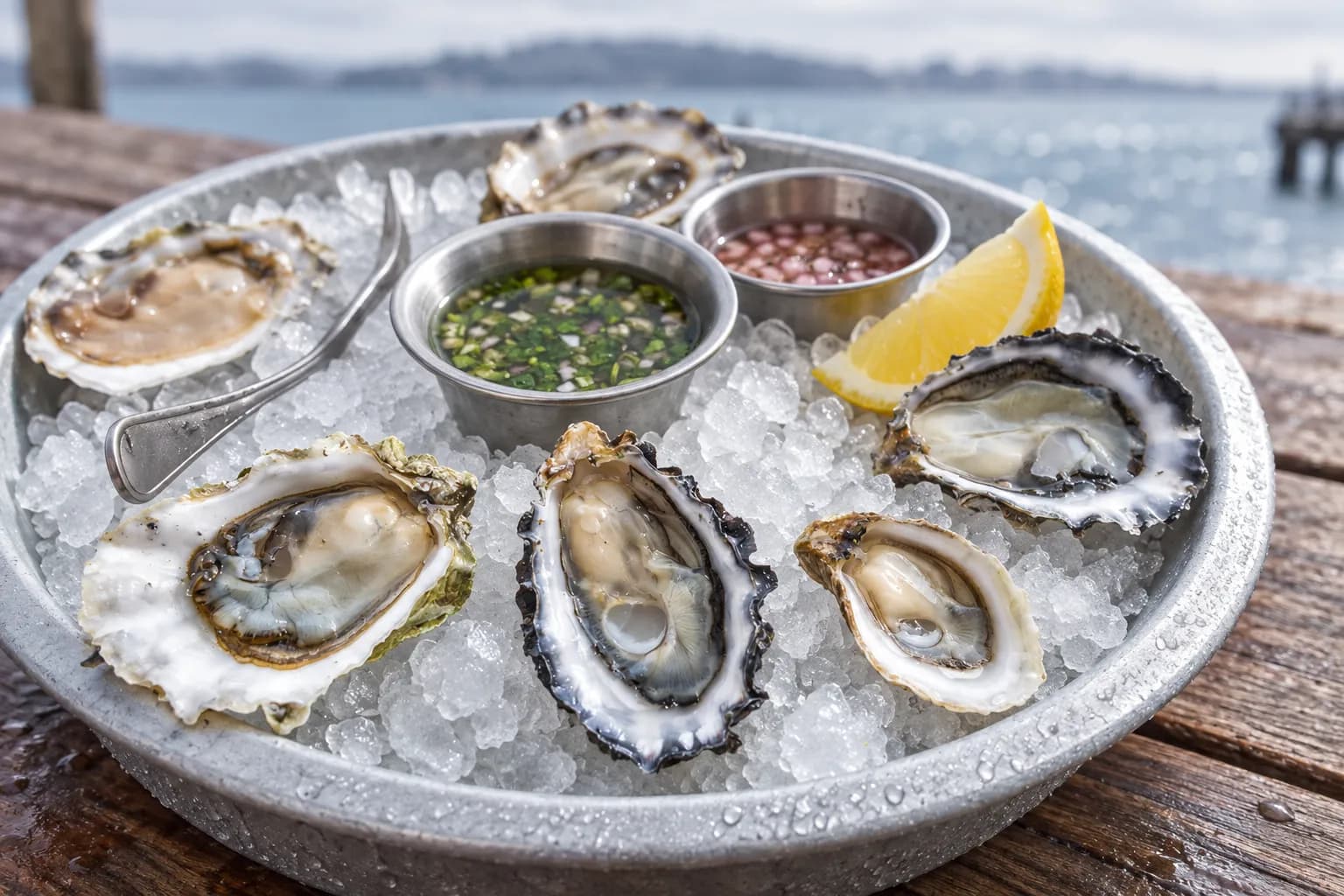 A galvanised tray of freshly shucked oysters on crushed ice with two ramekins of mignonette and a lemon wedge, bay water behind