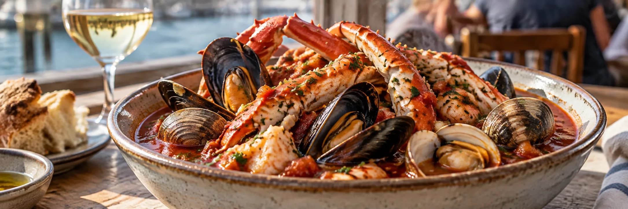 A large bowl of tomato-based seafood cioppino crowded with crab legs, clams and mussels