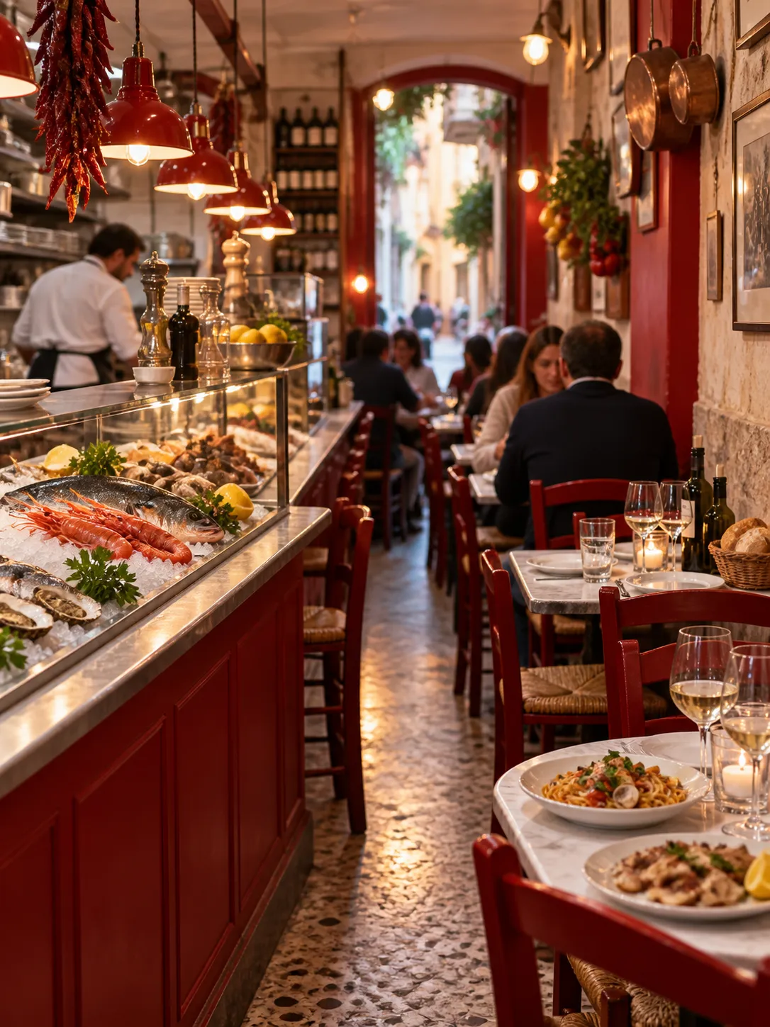 A narrow Italian seafood restaurant with a counter, red accents and closely packed tables