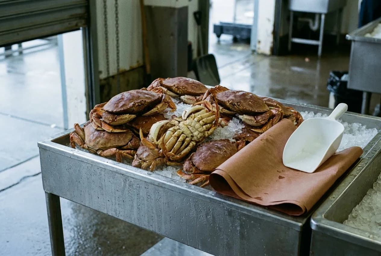 Whole cooked Dungeness crabs stacked on ice at a San Francisco fish counter on a cold morning