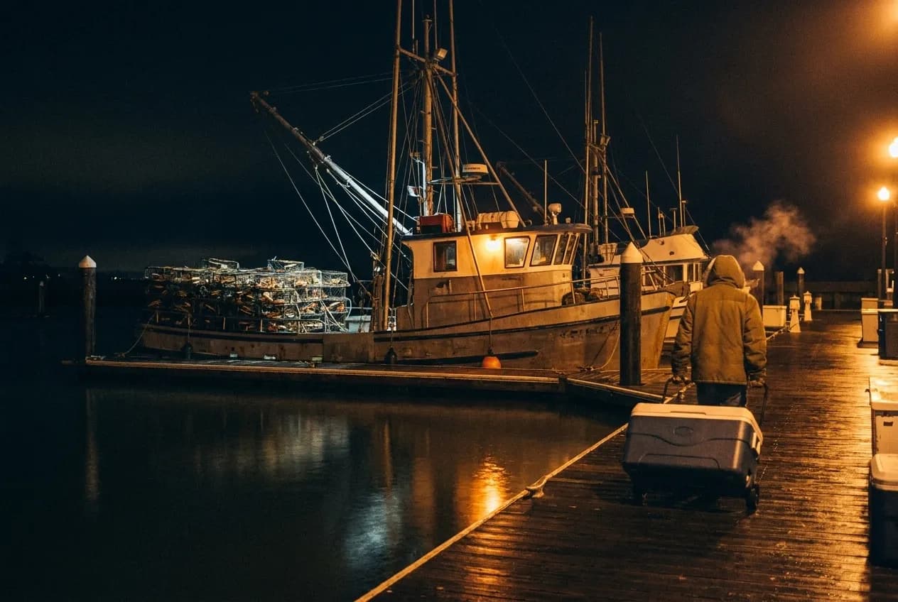 Fishing boats tied up at a San Francisco wharf before sunrise, dock lights on the water