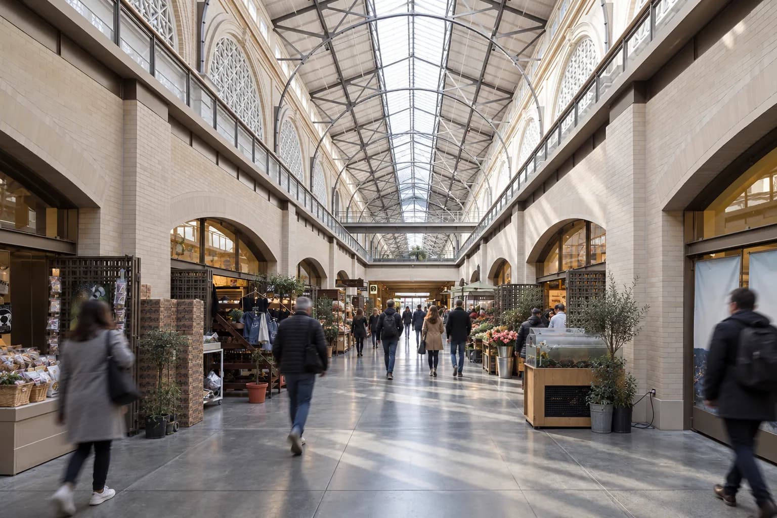The steel-and-glass arcade of San Francisco's Ferry Building in grey late-morning bay light, a few figures crossing the tiled floor in the distance