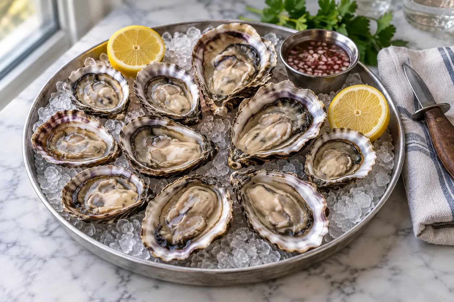 A metal tray of oysters on crushed ice on a marble counter, two different shell shapes side by side with lemon halves and an oyster knife