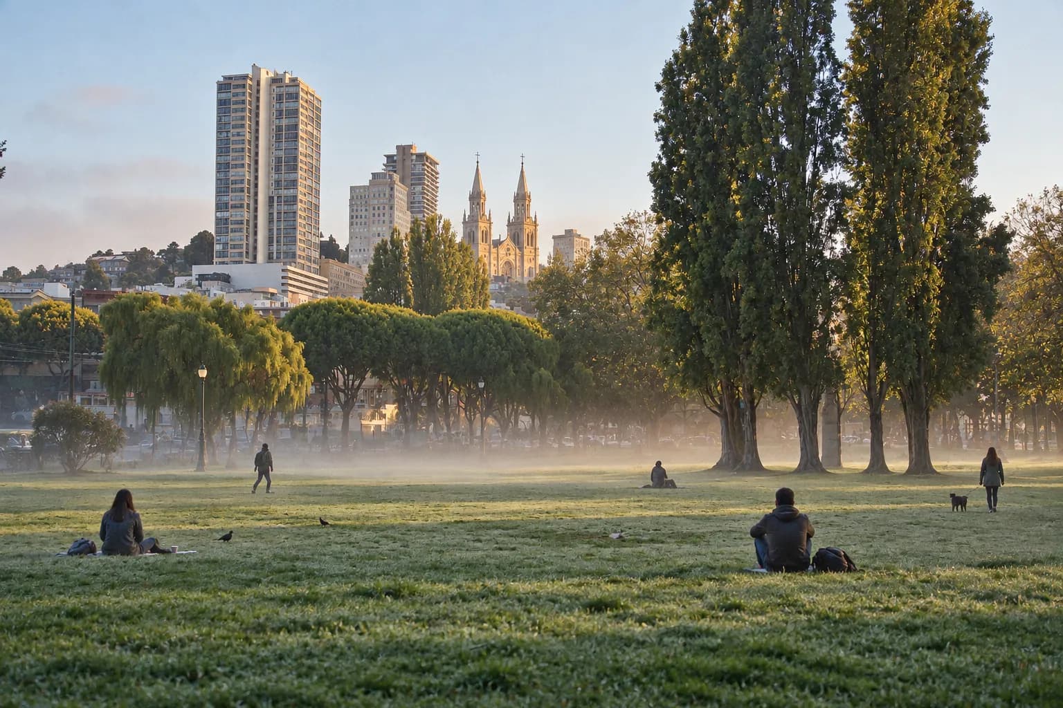 A twin-spired church facing an open green square in early morning mist, its facade catching first light with scattered figures on the grass