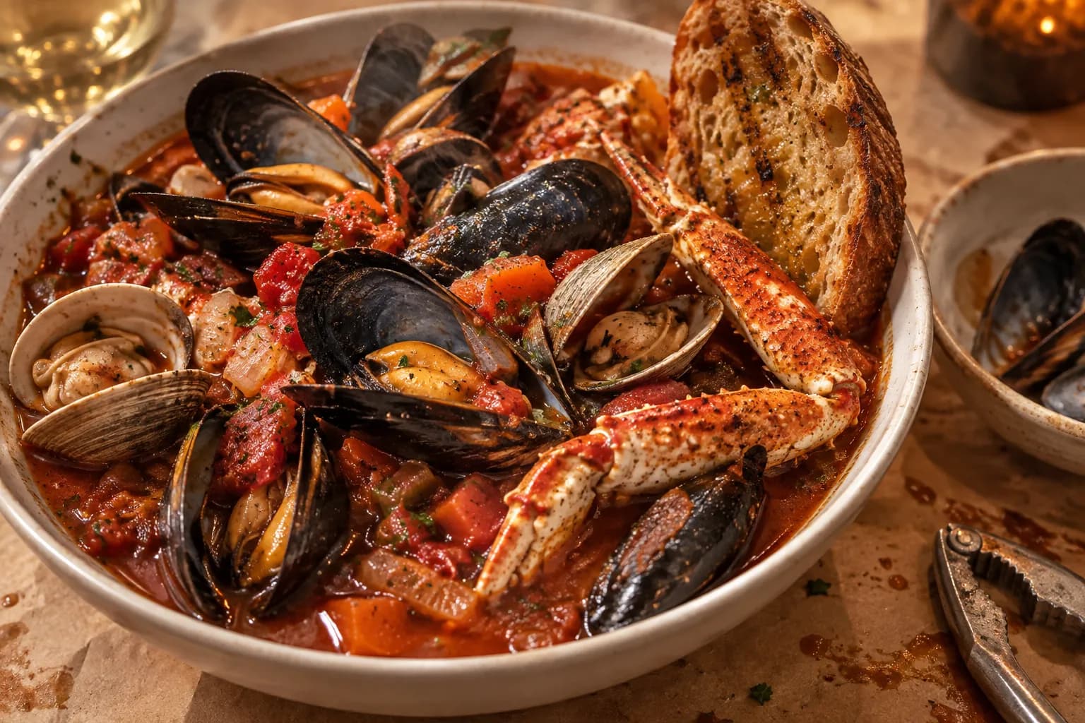 A wide bowl crowded with crab legs, open mussels and clams in dark red tomato broth, with grilled bread propped against the rim