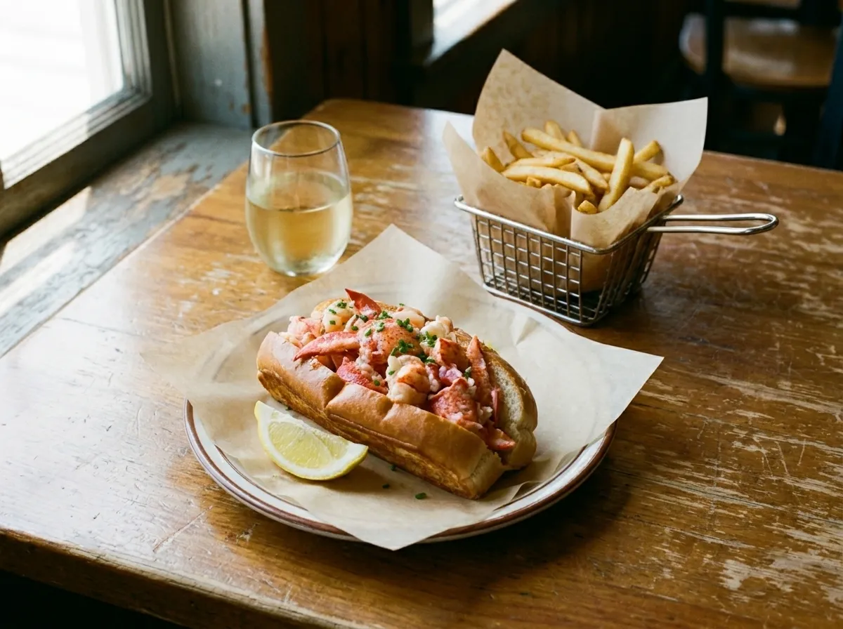 A lobster roll with fries in a paper-lined basket and a glass of white wine on a worn wooden restaurant table