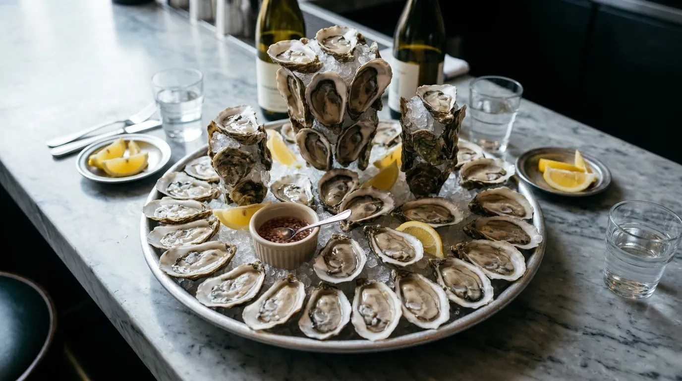 A platter of freshly shucked oysters on crushed ice with lemon wedges on a marble bar top
