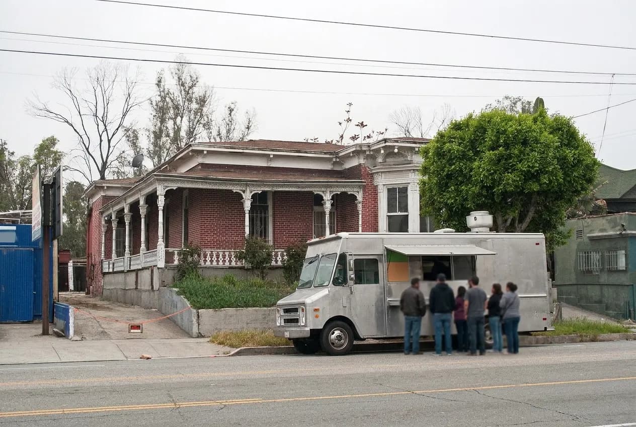 A food truck parked on a Los Angeles corner with a small crowd standing beside it