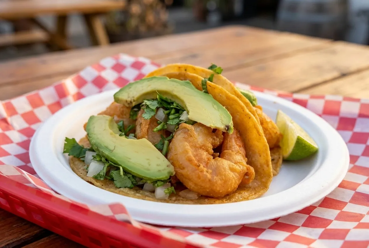 A fried shrimp taco on a paper plate topped with avocado